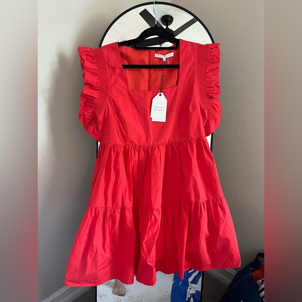 NWT English Factory Women’s Ruffled Dress with Smocked Detailing in Red - Picture 1 of 7